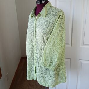 Sag Harbor Spring Green Floral Eyelet Blouse 2X semi sheer button up lightweight